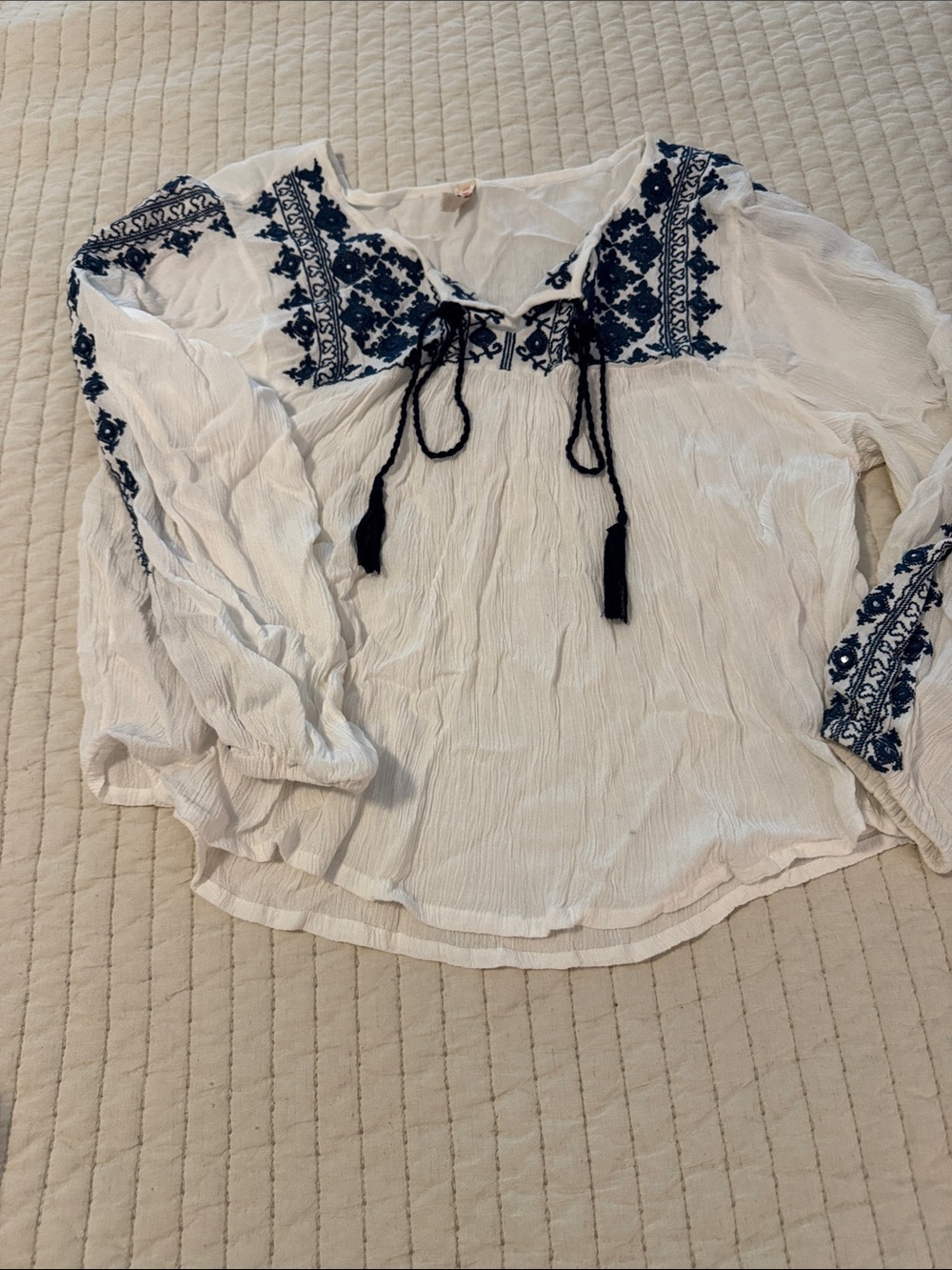 RAGA White Peasant Blouse with Navy Embroidery